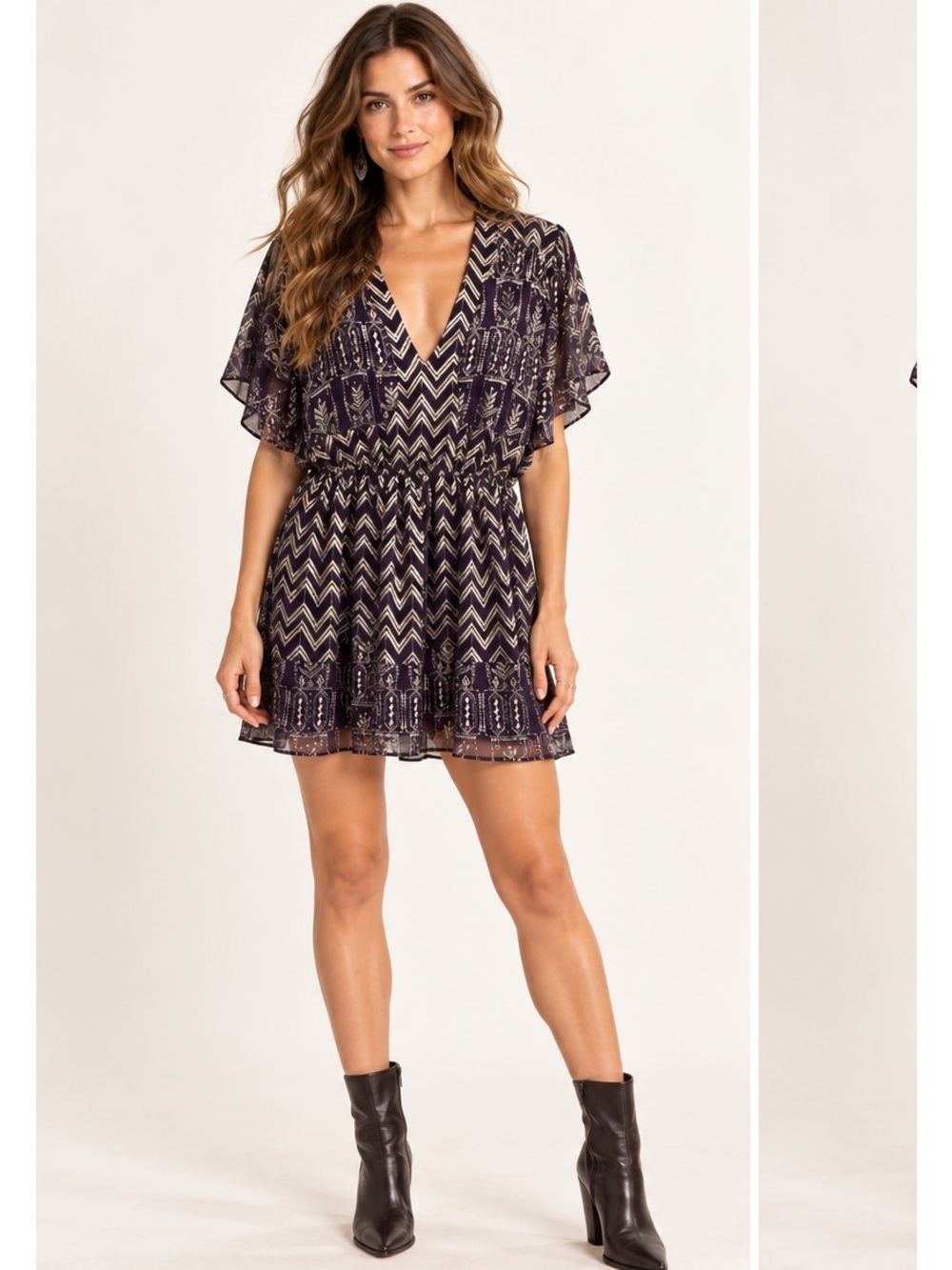 Free People Purple Silver Chevron Bohemian Relaxed Whimsigoth Tunic Dress Small